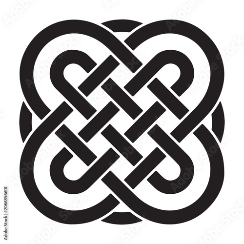 A sophisticated monochromatic celtic knot design featuring intricate interwoven lines forming a symmetrical geometric pattern isolated on a plain white background