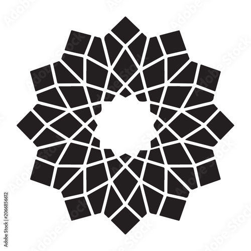 Isolated geometric circular pattern featuring an intricate star shape with intersecting lines and symmetrical polygons forming a decorative mandala style emblem