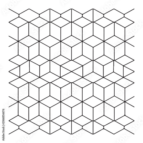 Seamless geometric pattern featuring an isometric grid of interconnected cube shapes with thin black lines on a clean white isolated background