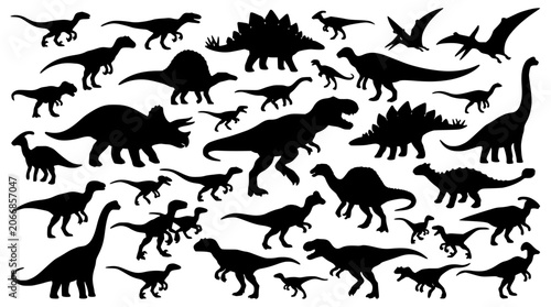 Dinosaur Silhouettes Vector Illustration with Black Prehistoric Creatures, Diverse Poses, and Playful Prehistoric Scene Design