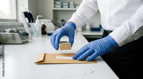 Scientist preparing a sample package in a laboratory setting