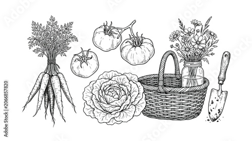 Vintage Engraved Garden Vegetables and Tools Set Illustration