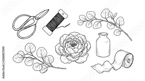 Black and white hand drawn floral arrangement tools and elements illustration set