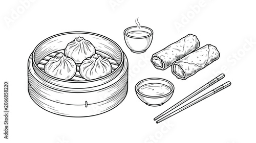 Asian Dumpling Steamer Basket, Spring Rolls, Soy Sauce, Tea, and Chopsticks Black and White Line Art Illustration