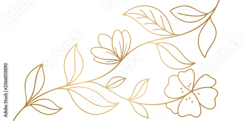 Fotografie Golden floral branch with delicate petals: An elegant, hand-drawn golden floral branch adorns the space with its fine lines and exquisite detail, featuring blooming flowers and leafy accents
