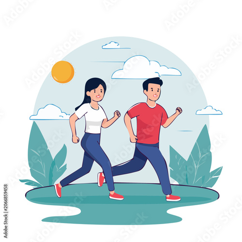 Couple running outdoors in a park with sun and clouds