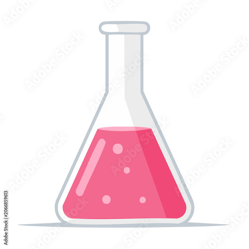 Flat design Erlenmeyer flask with pink liquid and bubbles