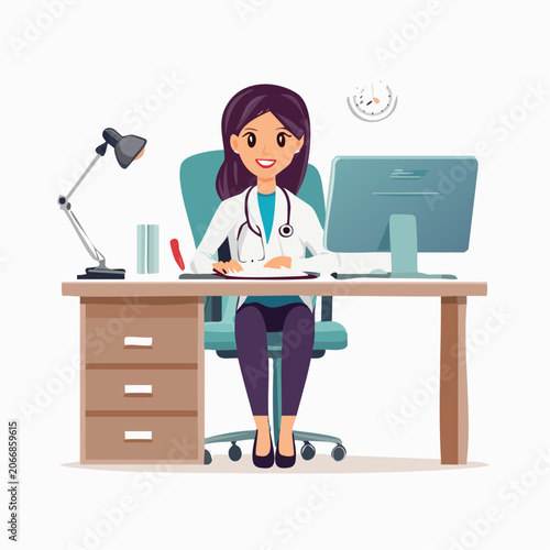 Doctor sitting at desk with computer and stethoscope