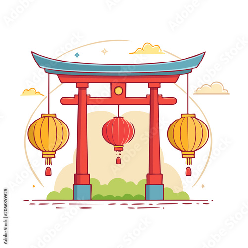Flat design Torii gate with hanging lanterns and clouds