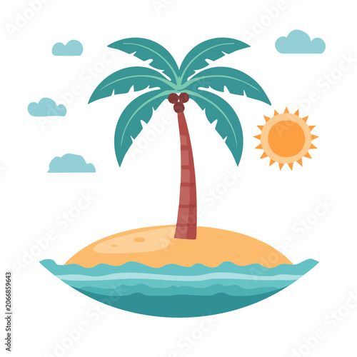 Flat design tropical island with palm tree, sun and clouds