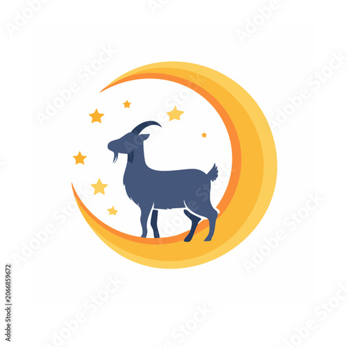 Goat Silhouette with Crescent Moon and Stars
