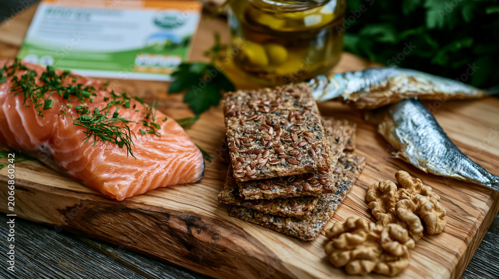 Fototapeta premium Overhead close-up of a wooden serving board holding wild salmon, flaxseed crackers, sardines in olive oil, and walnuts beside a nutritional reference card in a quiet rural kitchen setting, illustrat