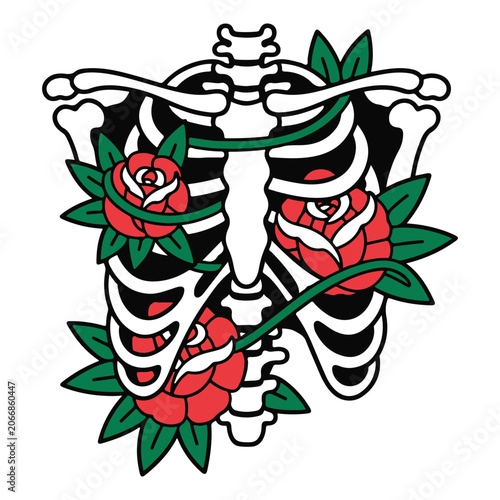 Traditional Tattoo Style Human Rib Cage with Red Roses Illustration
