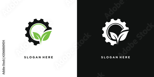 EcoFriendly Gear Logo with Green Leaves Sustainable Technology Concept.