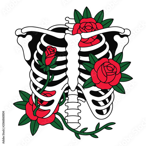 Human Rib Cage With Red Roses Old School Tattoo Illustration