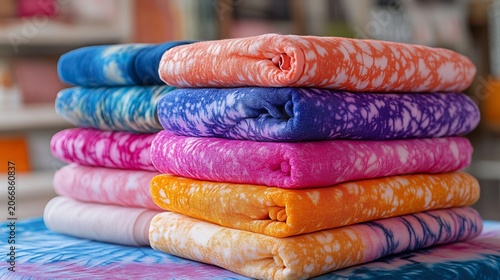 Stack of Colorful Folded Fabrics with Floral Patterns