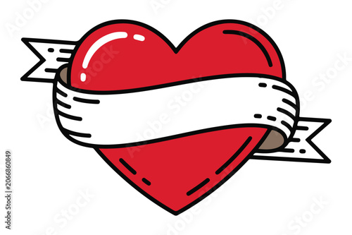 Classic Old School Red Heart Tattoo Icon with Blank Ribbon Banner