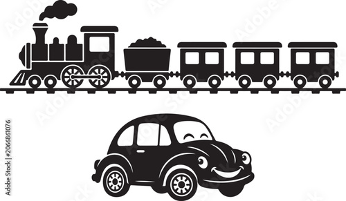 Vintage train, old locomotive, cartoon car, transportation icons, black and white