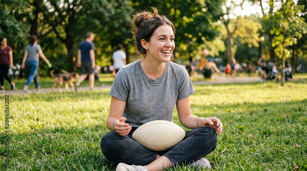 Obraz premium Young Woman Sitting on Grass in Park Holding American Football Smiling Happily Minimalist American Football