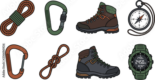 Obraz na płótnie Flat Line Art Mountaineering and Hiking Gear Vector Icon Set with Climbing Ropes