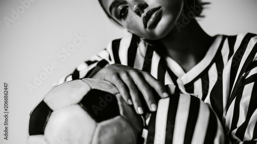 Close-up of a woman's torso and hand holding a soccer ball, stylish sporty attire, dynamic and modern sports fashion