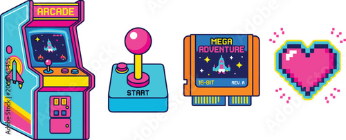 Fotografía Retro Gaming and Arcade Vector Icon Set with Vintage Cabinet Joystick Controller