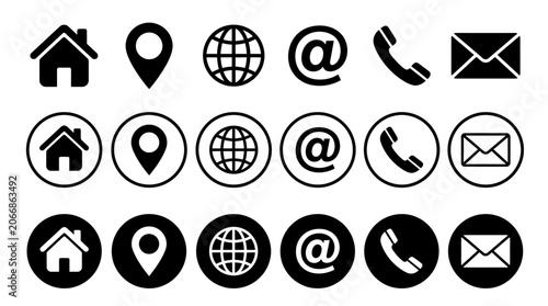 Obraz na płótnie Black icons of communication symbols and location markers on a white background