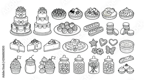 Set of 35 Bakery and Dessert Outline Icons Vector isolated PNG with Transparent Background