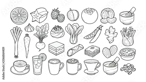 Set of 35 Hand-Drawn Food and Drink Outline Icons Vector isolated PNG with Transparent Background