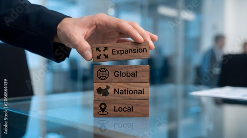 Man holding wooden blocks with global expansion global national and local business icons
