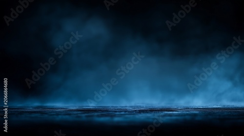 Empty dark tabletop with blue smoke and atmospheric fog background