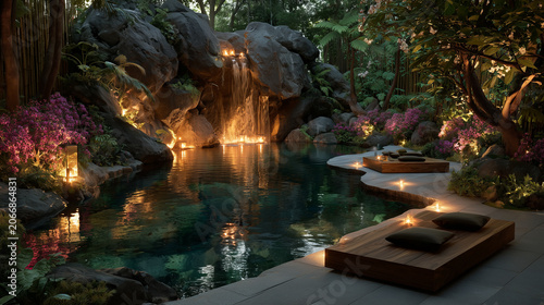 Serene spa music album cover showcasing an arrangement of pink orchids, smooth Zen pebbles, and candle