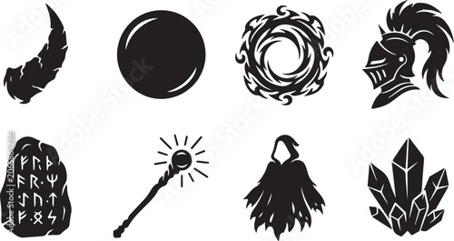 Fotografie Fantasy icons, magic symbols, black vector set, mystical signs, 8 elements
