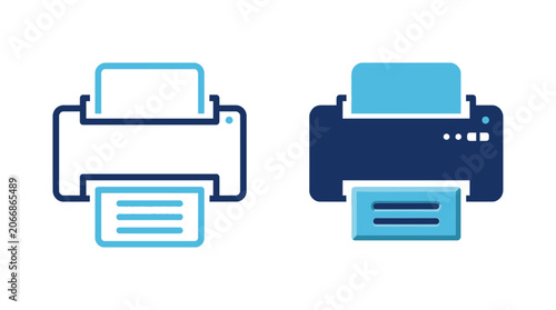 Photography Two Printers Ejecting Paper in Office Setting with Graphic Designs