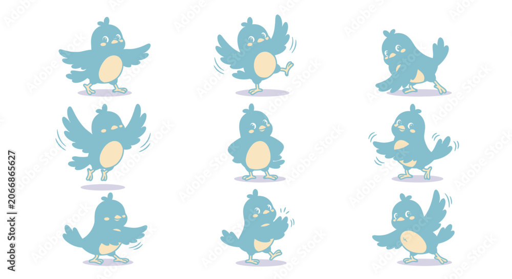 Obraz premium Cute blue bird character set in motion, various cartoon poses, isolated on white