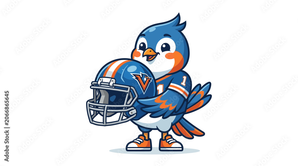 Fototapeta premium Cute Blue Bird Mascot Wearing Football Jersey Holding Helmet