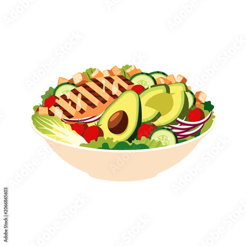  Premium Appetizing Chicken Avocado Salad Single Isolated Fresh Healthy Food vector illustration
