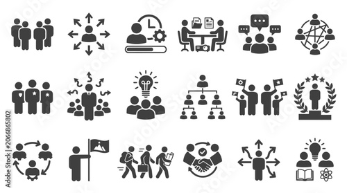 Valokuva A group of people interact in various teamwork settings with icons