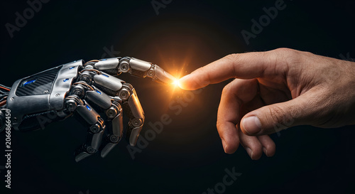 Close-up of a futuristic robotic machine and a human hand touching index fingers with a glowing spark on a dark background