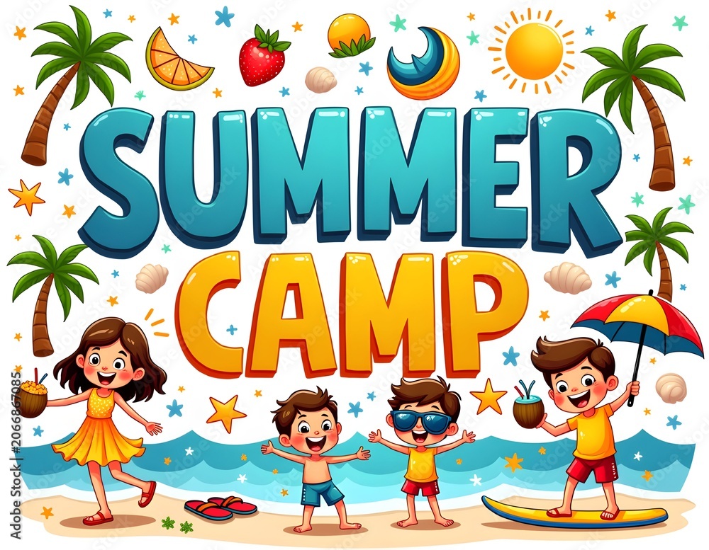 Fototapeta premium Diverse kids enjoying outdoor seaside activities and games at summer camp beach vacation