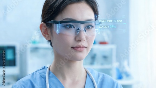 Woman in medical scrubs with smart glasses