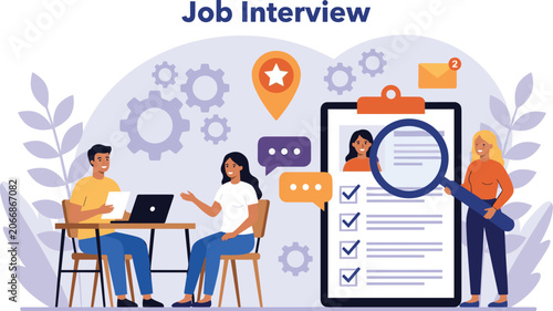 Job interview concept with HR managers evaluating candidate resume using magnifying glass flat vector illustration