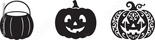 Fotografía Halloween icons, black pumpkin faces, trick or treat bucket, spooky symbols