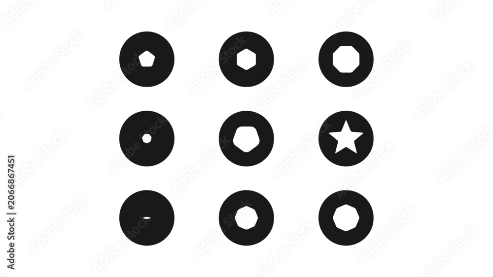 Fototapeta premium Geometric shapes collection featuring various black circle icons with white polygon cutouts isolated on a clean white background vector illustration