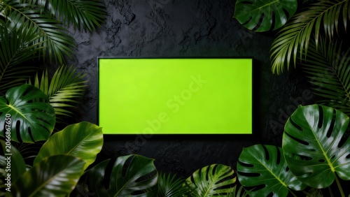 Green screen framed by tropical leaves