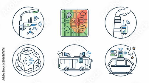 Smart City Environmental Monitoring and Pollution Control Technology Icon Set.