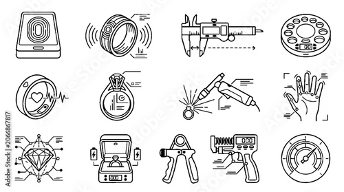 Smart Jewelry and Wearable Technology Icons Set with Technical Diagrams and Engineering Tools.