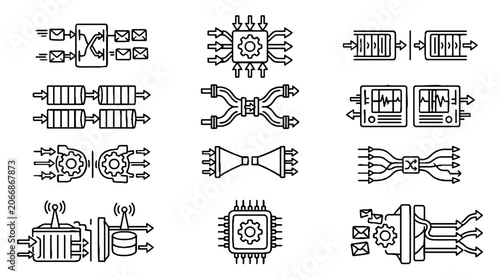 Set of technical network infrastructure and data processing line icons on white background.