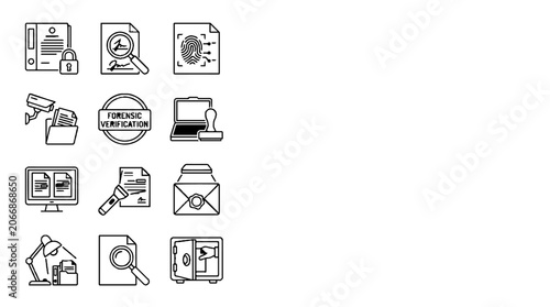 Forensic investigation and document security line icon set collection.