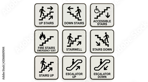 Set of Safety Signs: Stairs, Escalator, Accessible, Emergency Exit
